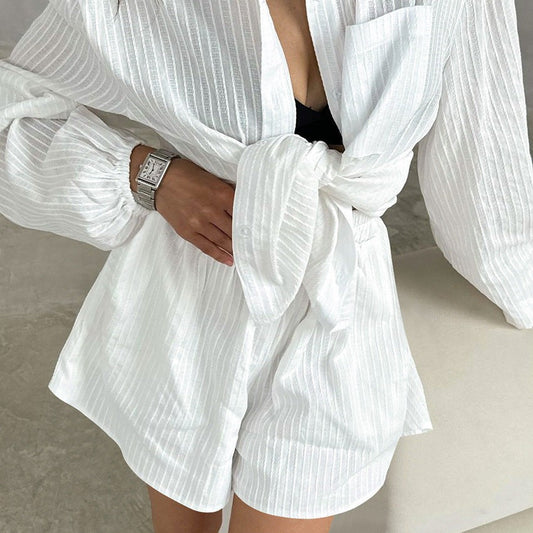 Alura Cotton Balloon-Sleeve Cardigan Set - White