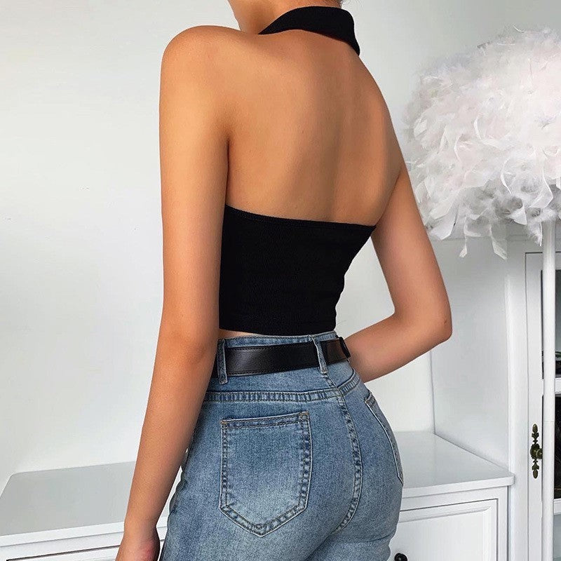 Valora Deep-V Open-Back Collared Tank - Black