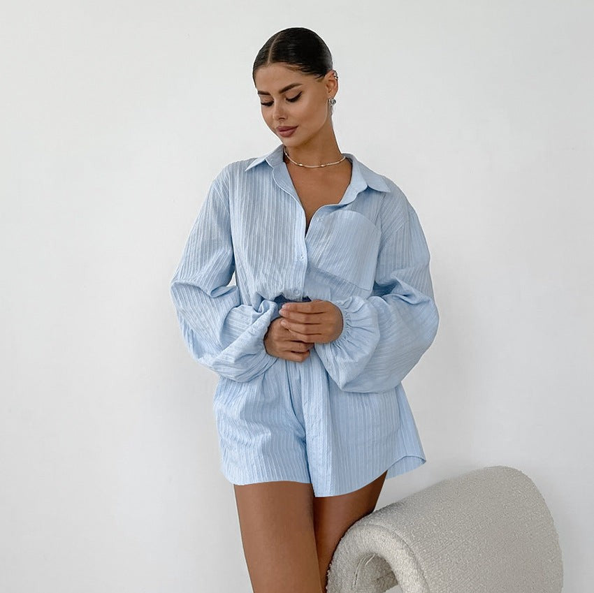 Alura Cotton Balloon-Sleeve Cardigan Set - Blue