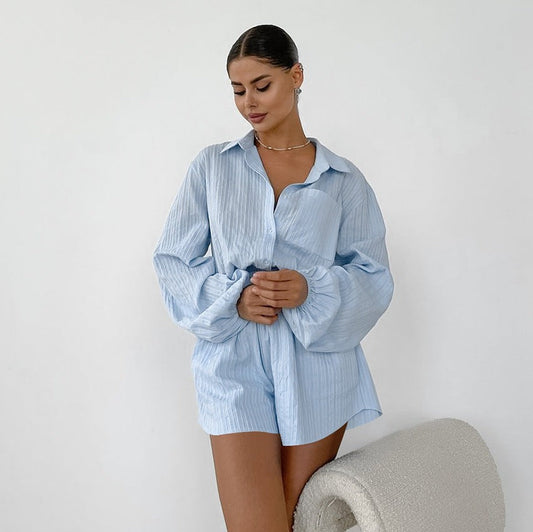 Alura Cotton Balloon-Sleeve Cardigan Set - Blue