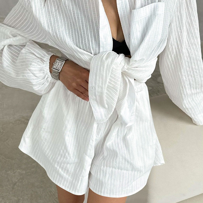 Alura Cotton Balloon-Sleeve Cardigan Set - White