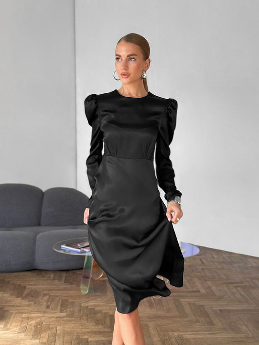 Celisette Satin Puff Sleeve Dress - Black