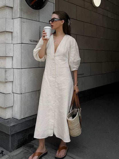 Mairisse Linen-Blend Puff Sleeve Dress - Off White