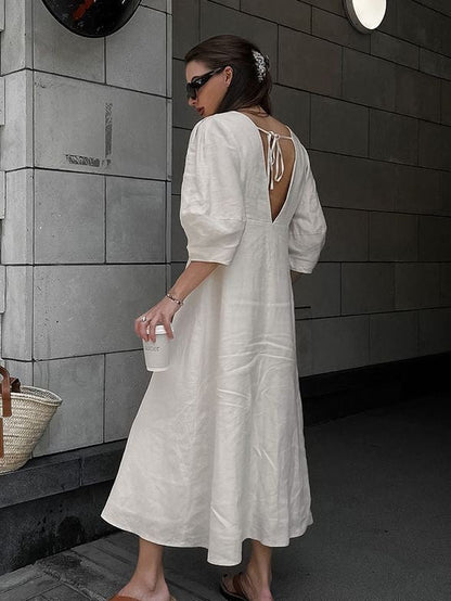 Mairisse Linen-Blend Puff Sleeve Dress - Off White