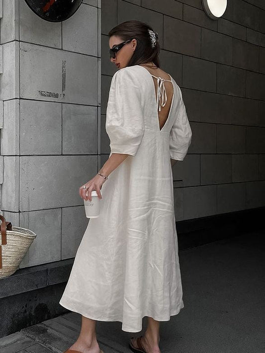 Mairisse Linen-Blend Puff Sleeve Dress - Off White